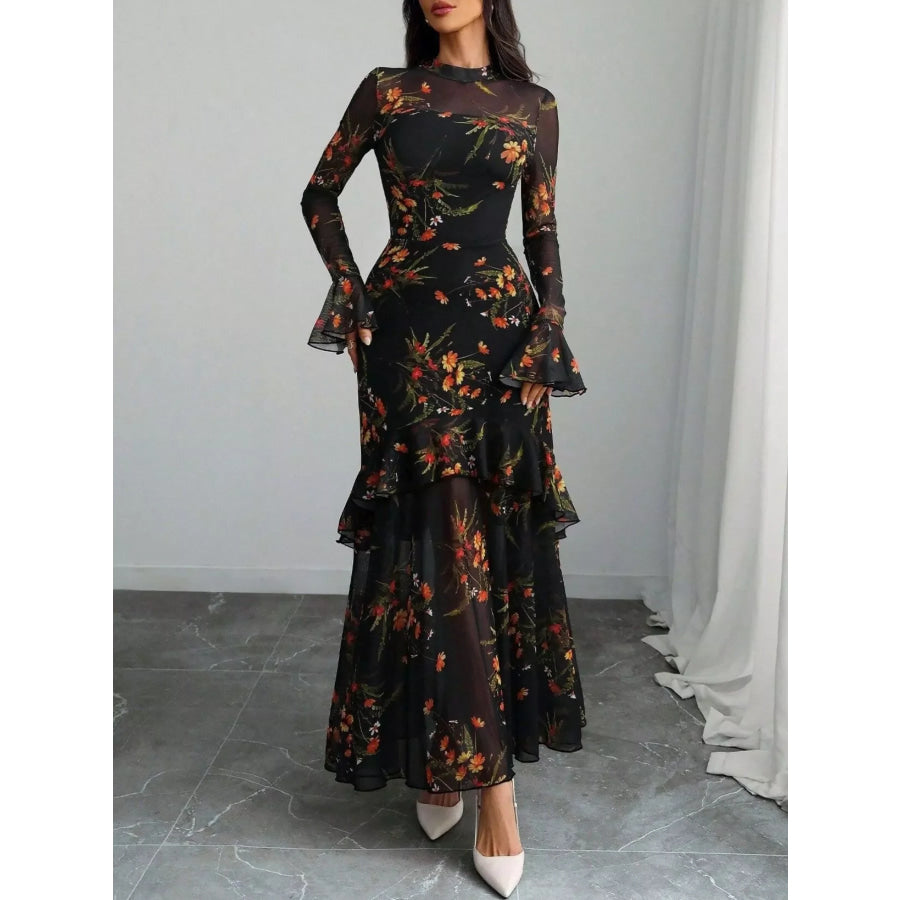 Floral Print Flounce Sleeve Mermaid Maxi Dress Apparel and Accessories