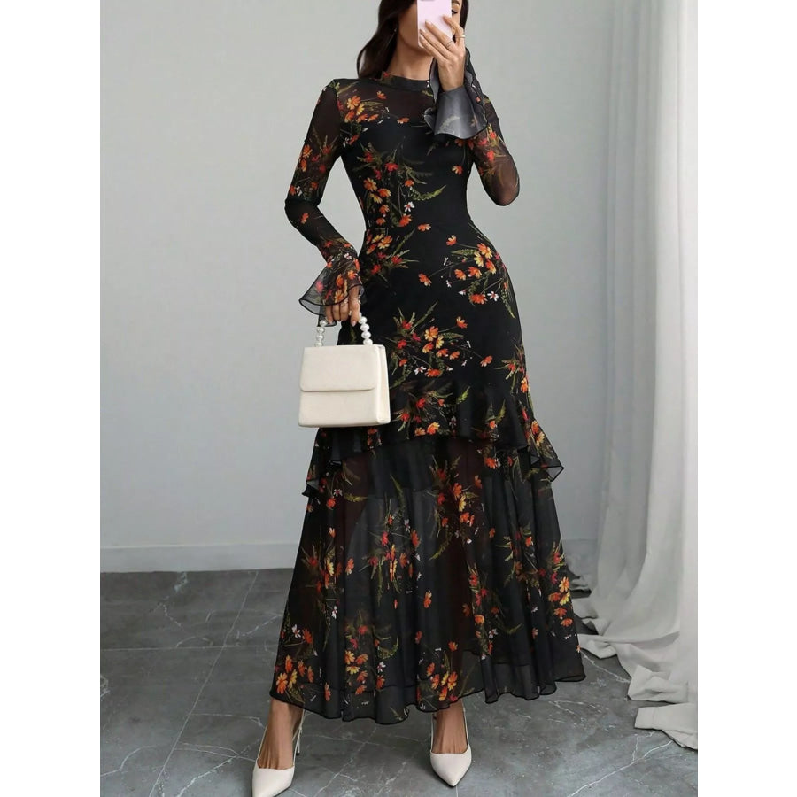 Floral Print Flounce Sleeve Mermaid Maxi Dress Apparel and Accessories