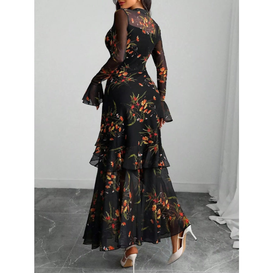 Floral Print Flounce Sleeve Mermaid Maxi Dress Apparel and Accessories