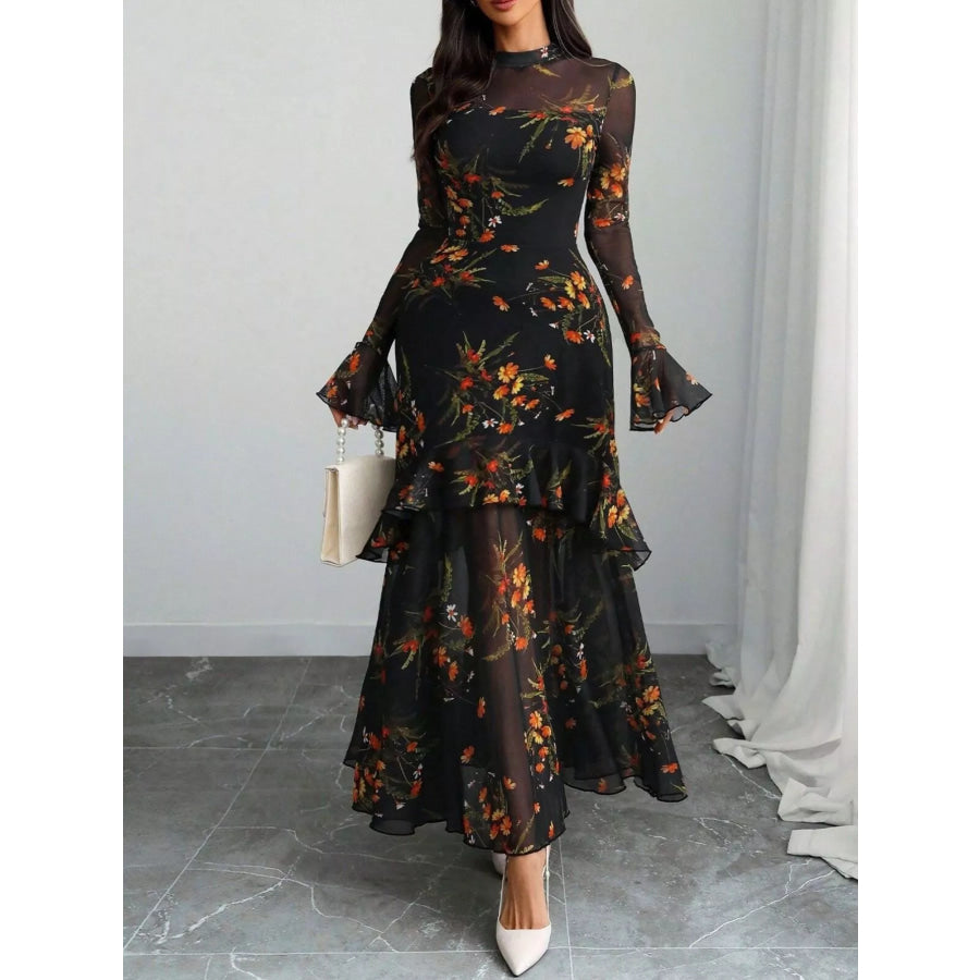 Floral Print Flounce Sleeve Mermaid Maxi Dress Apparel and Accessories
