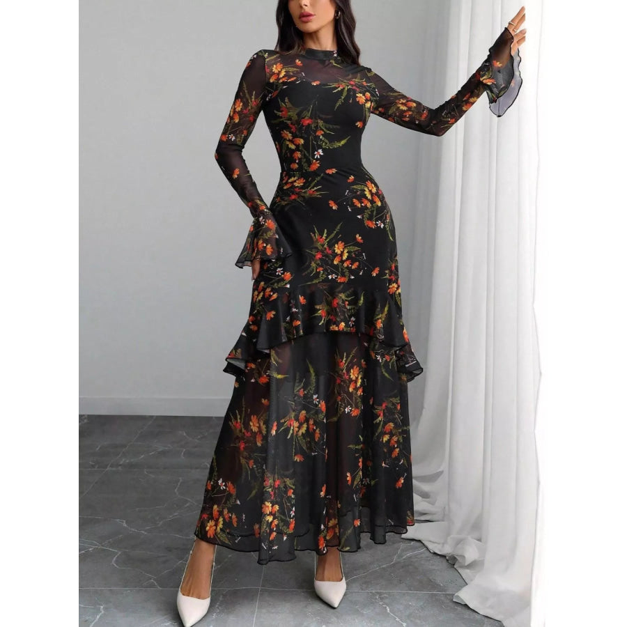 Floral Print Flounce Sleeve Mermaid Maxi Dress Apparel and Accessories