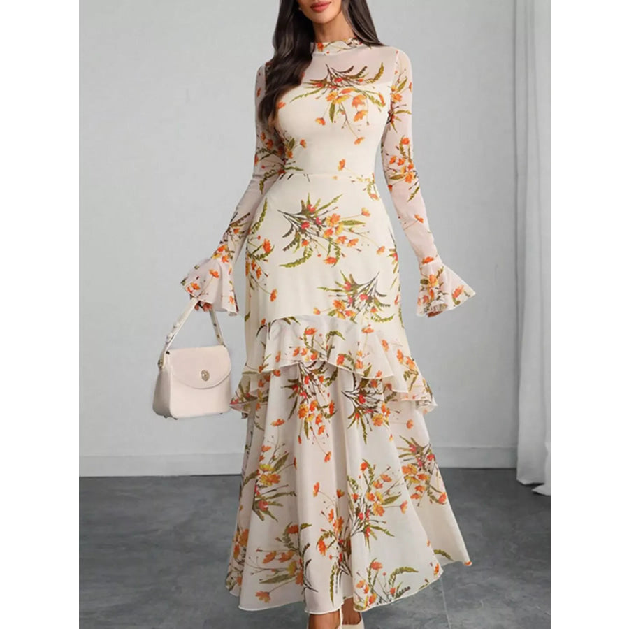 Floral Print Flounce Sleeve Mermaid Maxi Dress Off White / S Apparel and Accessories