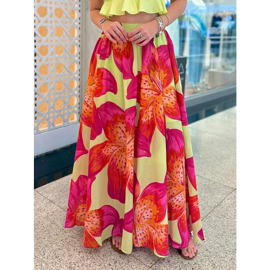 Floral Print Flowy Maxi Skirt Orange / S Apparel and Accessories
