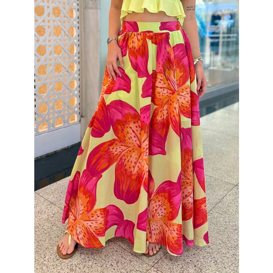 Floral Print Flowy Maxi Skirt Orange / S Apparel and Accessories