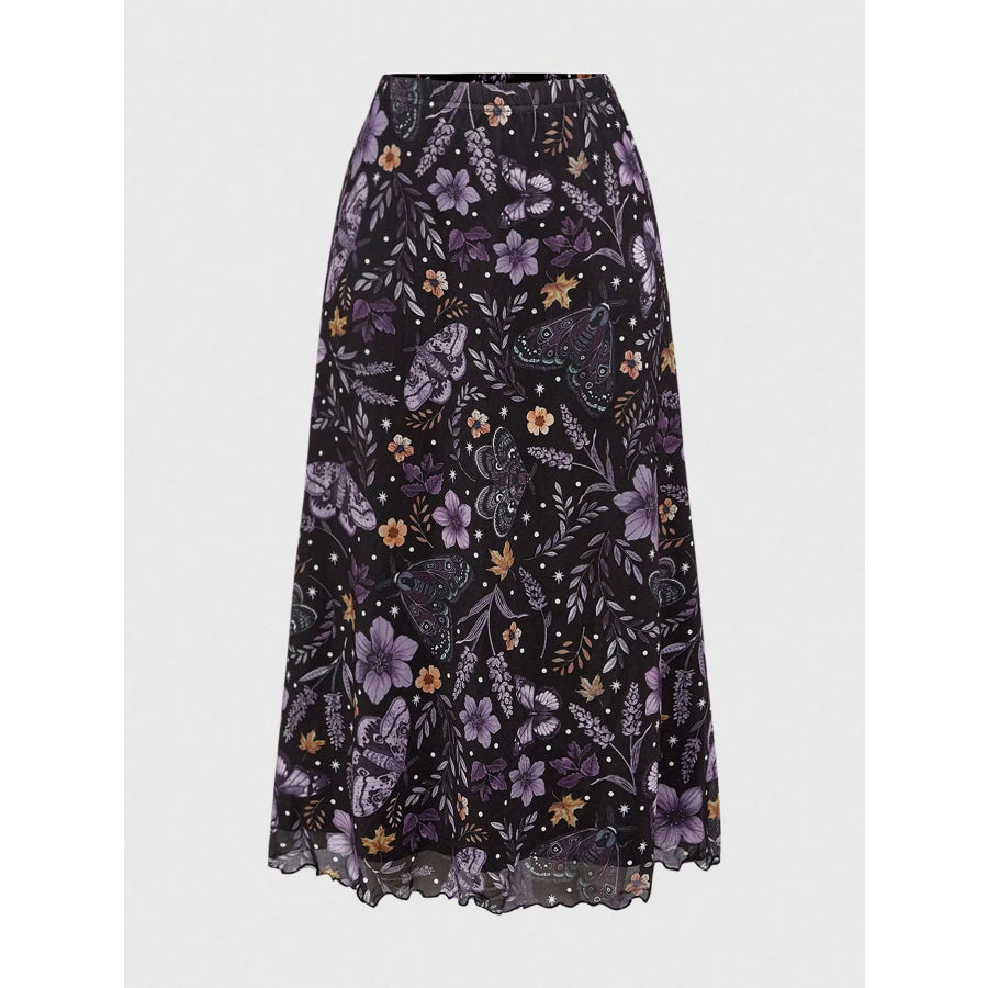Floral Print Flowy Midi Skirt Black / S Apparel and Accessories