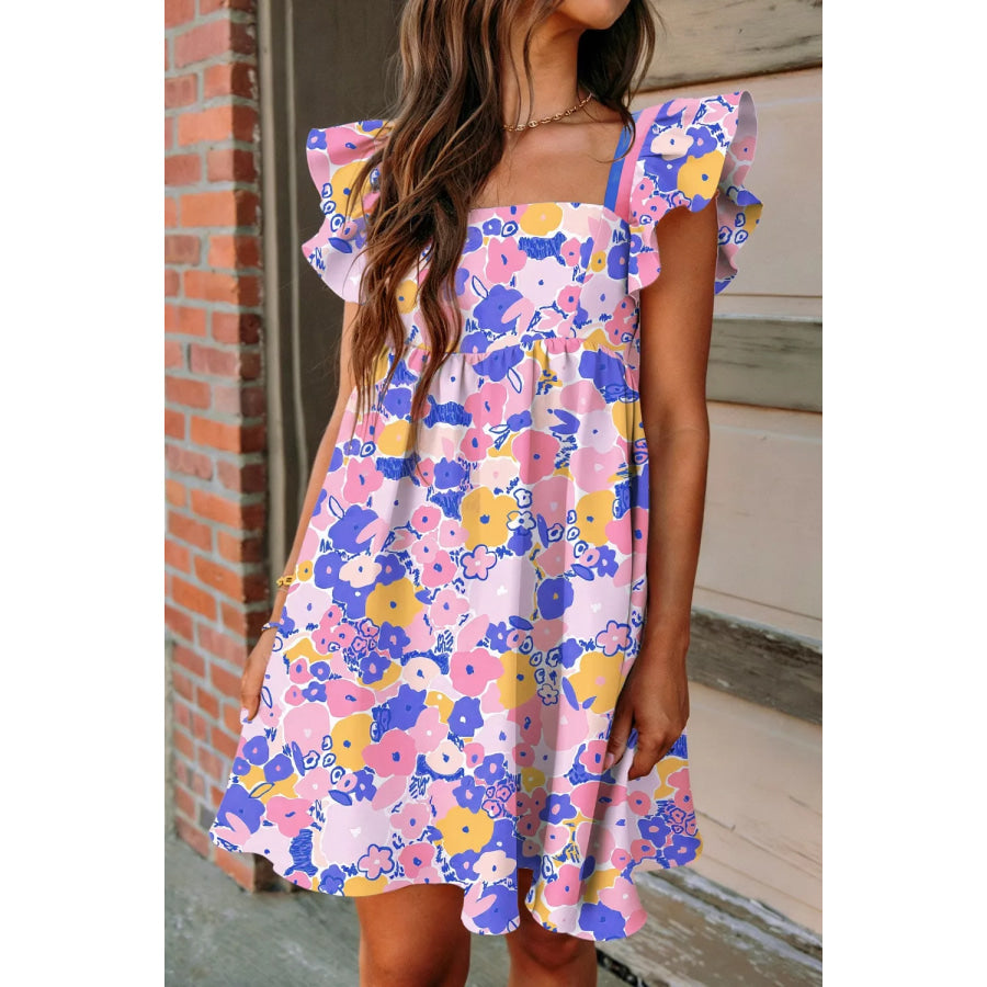 Floral Print Flutter Sleeve Striped Trim Square Neck Loose Mini Dress Apparel and Accessories