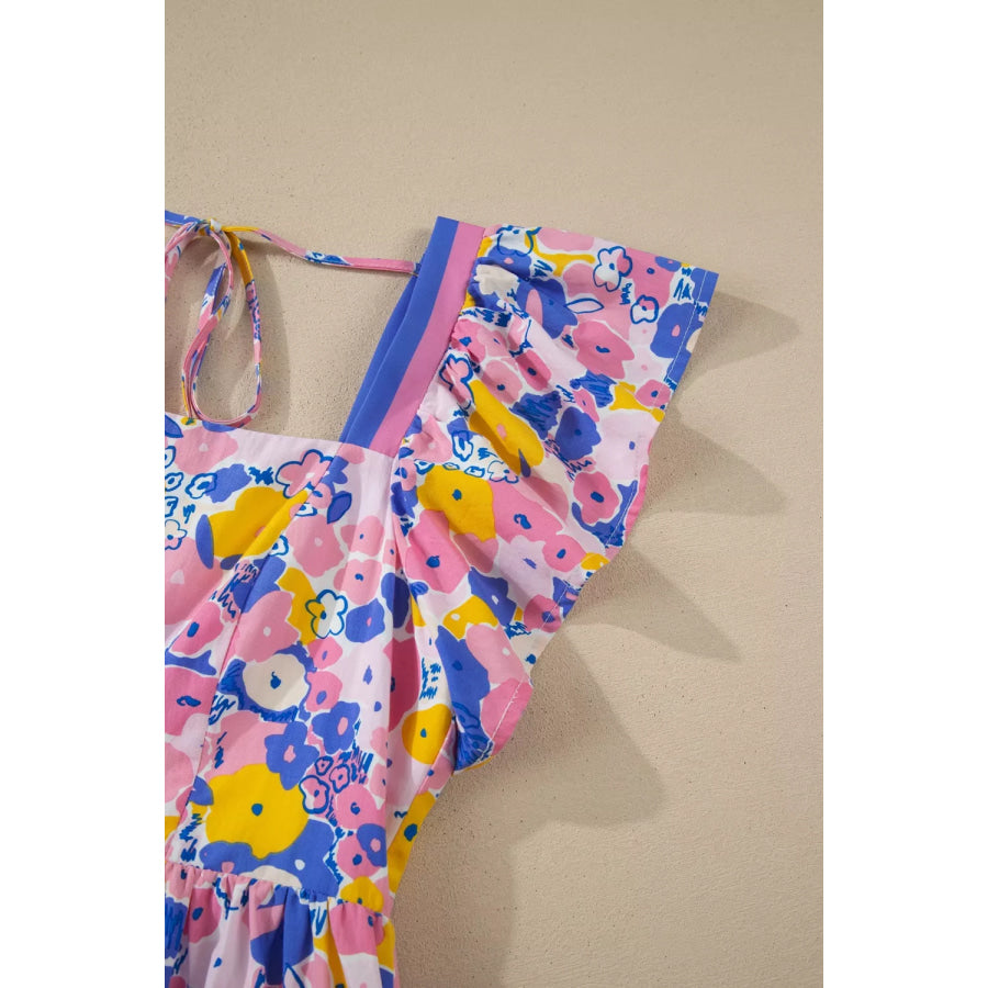 Floral Print Flutter Sleeve Striped Trim Square Neck Loose Mini Dress Apparel and Accessories