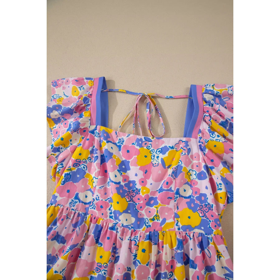 Floral Print Flutter Sleeve Striped Trim Square Neck Loose Mini Dress Apparel and Accessories