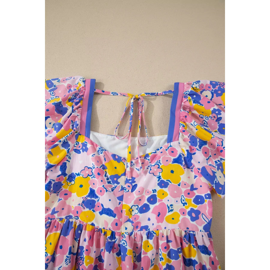 Floral Print Flutter Sleeve Striped Trim Square Neck Loose Mini Dress Apparel and Accessories