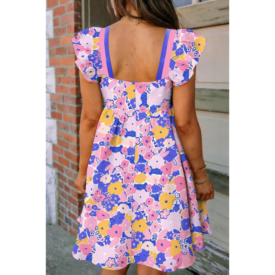 Floral Print Flutter Sleeve Striped Trim Square Neck Loose Mini Dress Apparel and Accessories