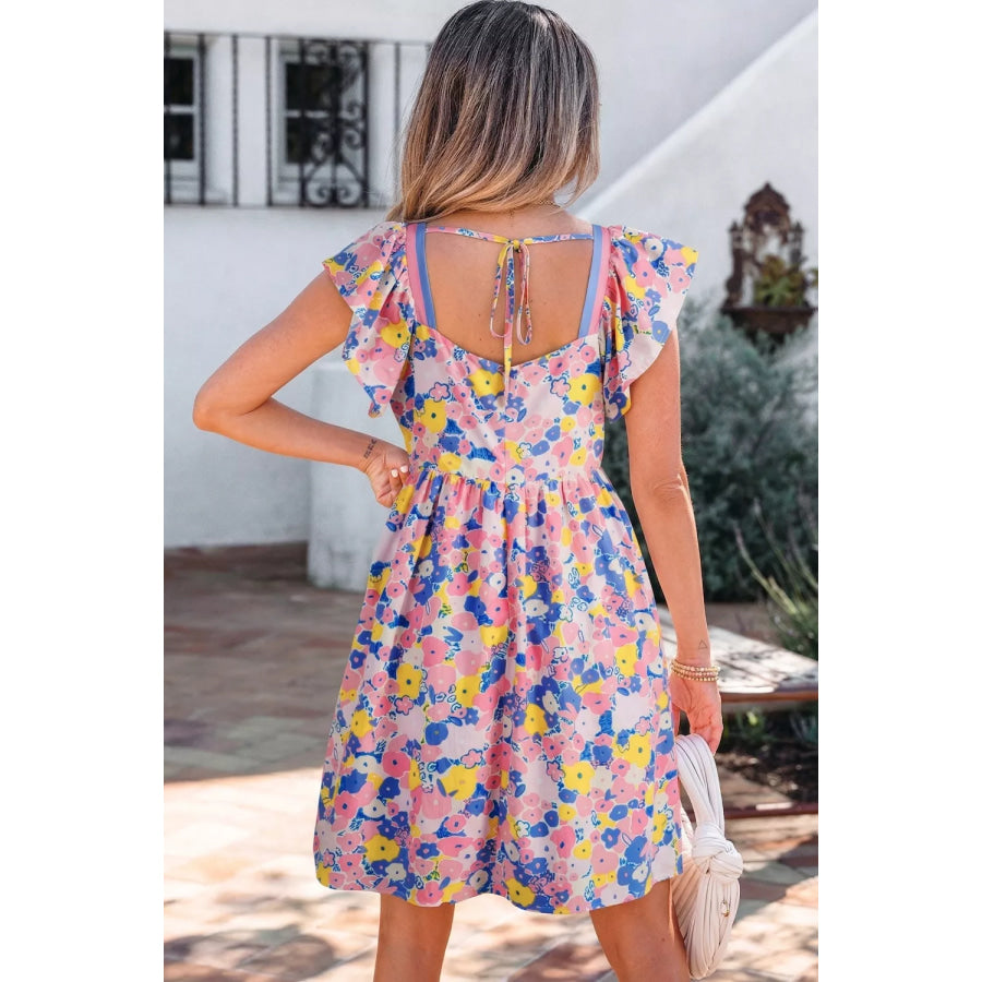 Floral Print Flutter Sleeve Striped Trim Square Neck Loose Mini Dress Floral / S Apparel and Accessories