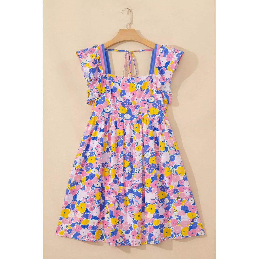 Floral Print Flutter Sleeve Striped Trim Square Neck Loose Mini Dress Apparel and Accessories