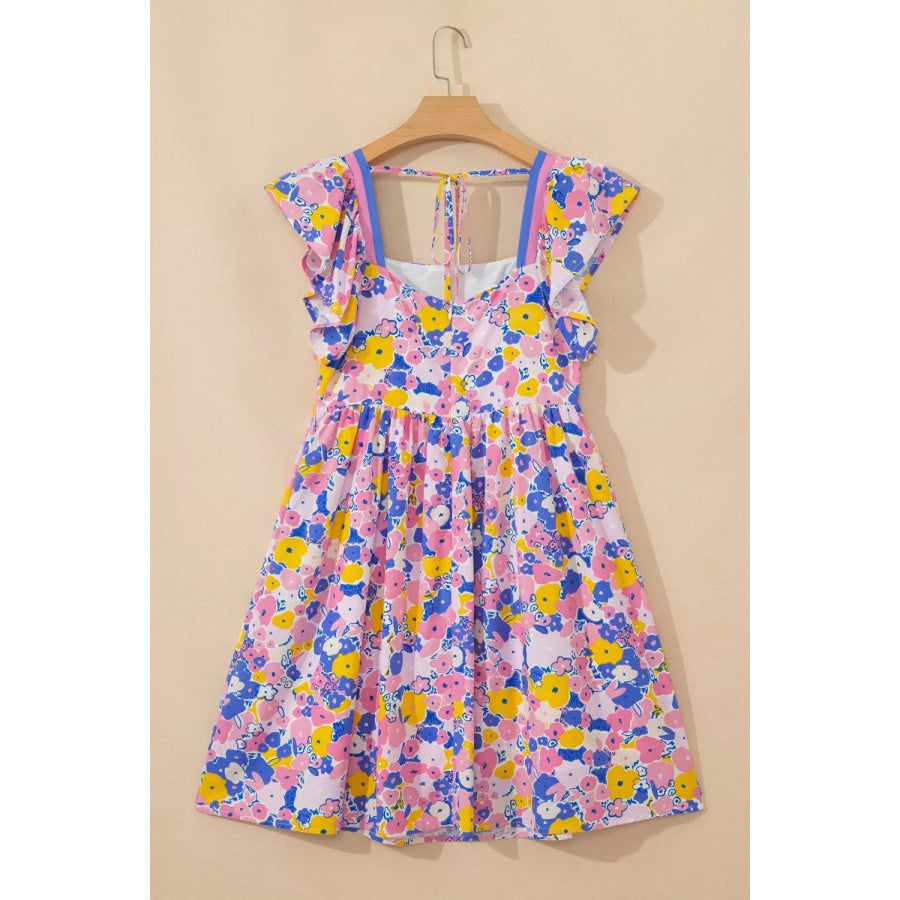 Floral Print Flutter Sleeve Striped Trim Square Neck Loose Mini Dress Apparel and Accessories