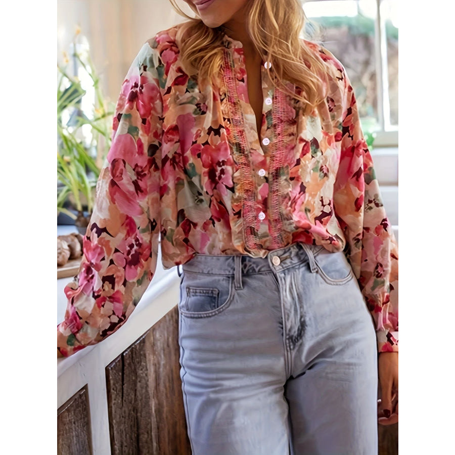 Floral Print Frill Trim Shirt Apparel and Accessories
