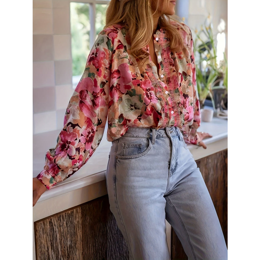 Floral Print Frill Trim Shirt Apparel and Accessories