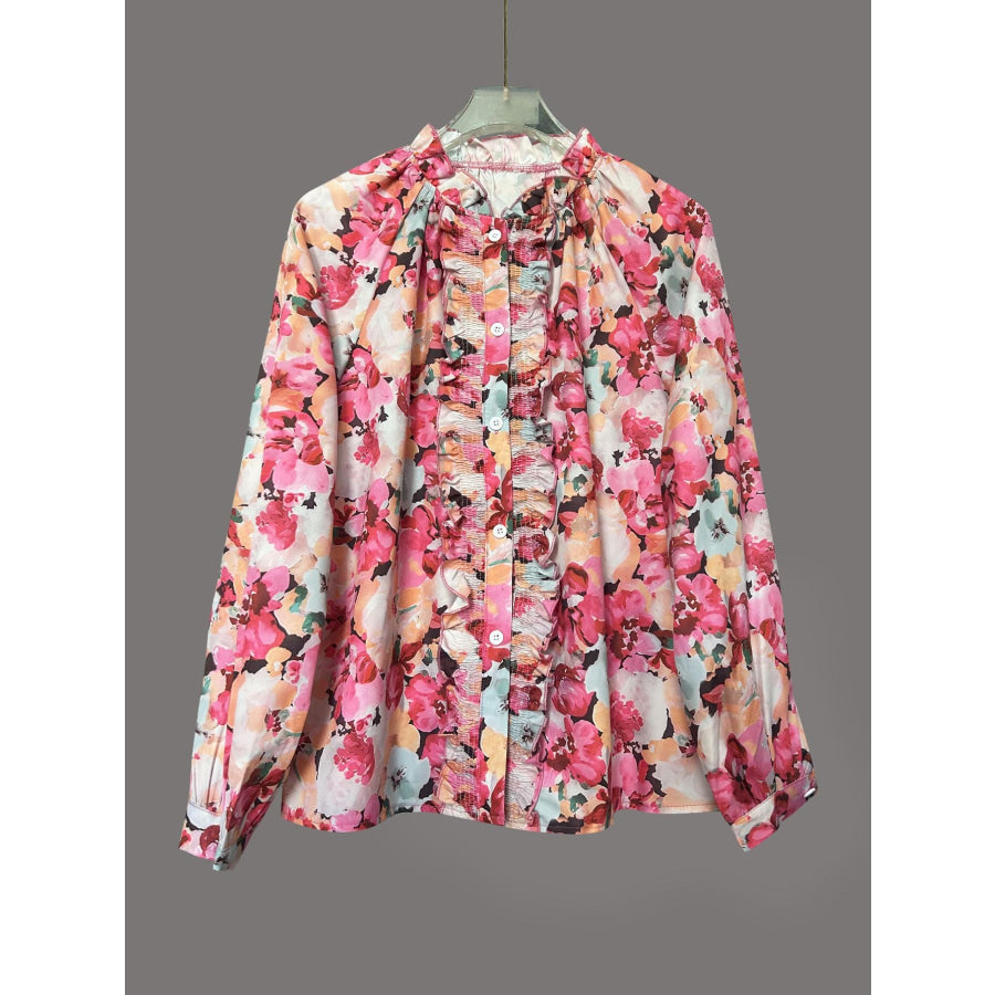 Floral Print Frill Trim Shirt Apparel and Accessories