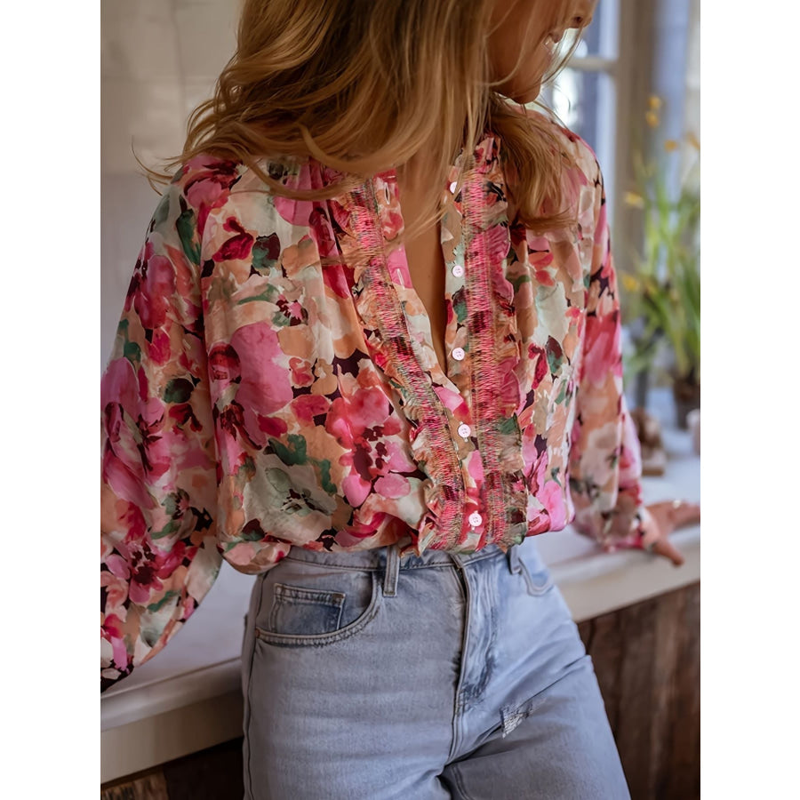 Floral Print Frill Trim Shirt Floral / S Apparel and Accessories