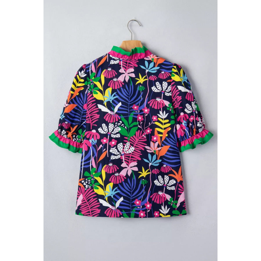 Floral Print Frilled Contrast Striped Trim V Neck Short Sleeve Blouse Apparel and Accessories