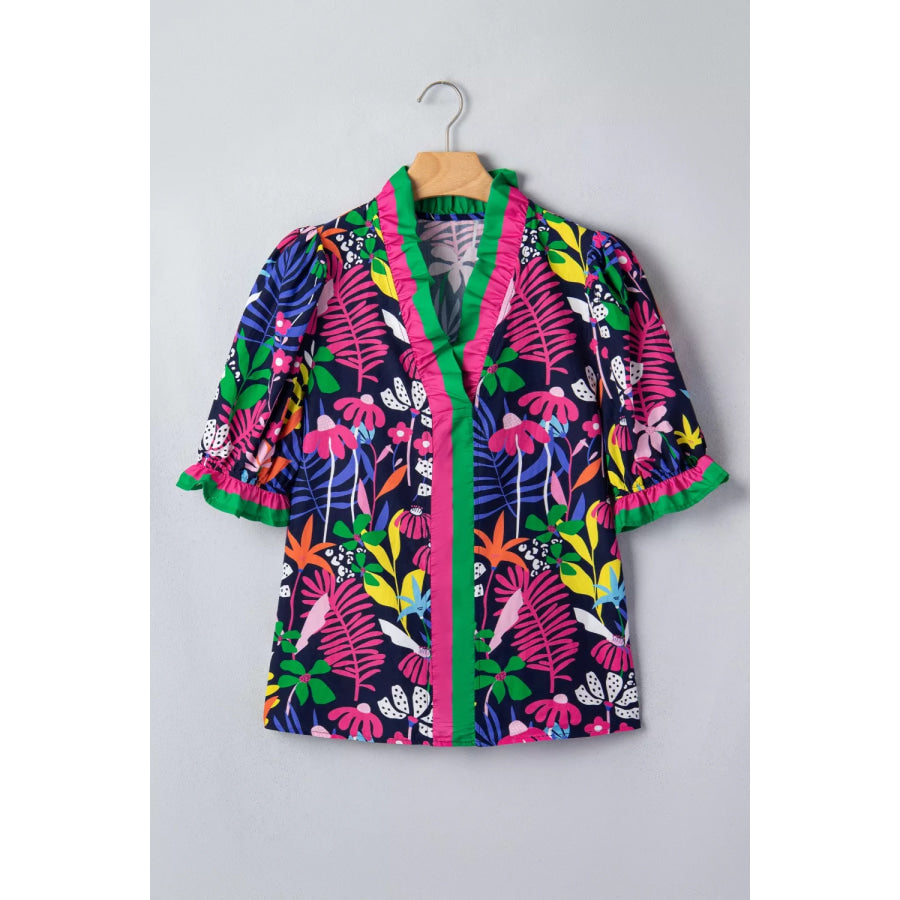 Floral Print Frilled Contrast Striped Trim V Neck Short Sleeve Blouse Apparel and Accessories
