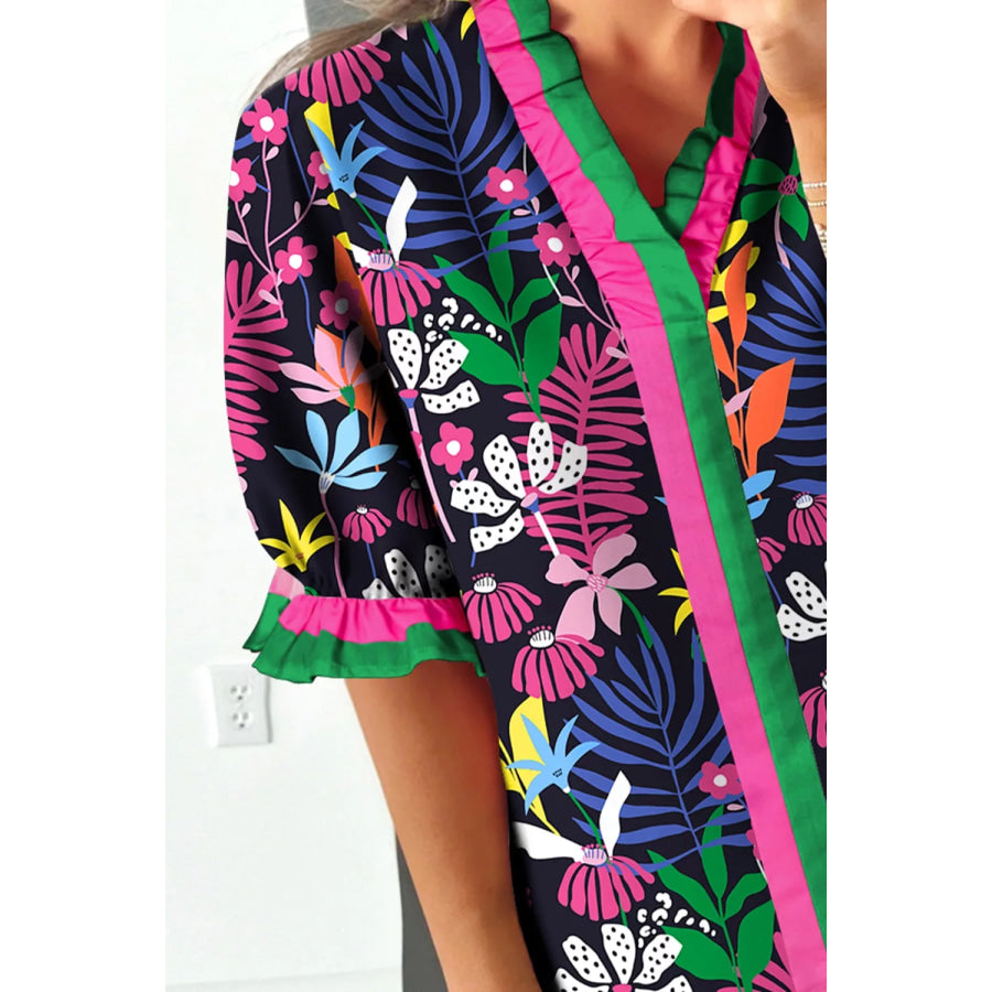Floral Print Frilled Contrast Striped Trim V Neck Short Sleeve Blouse Apparel and Accessories