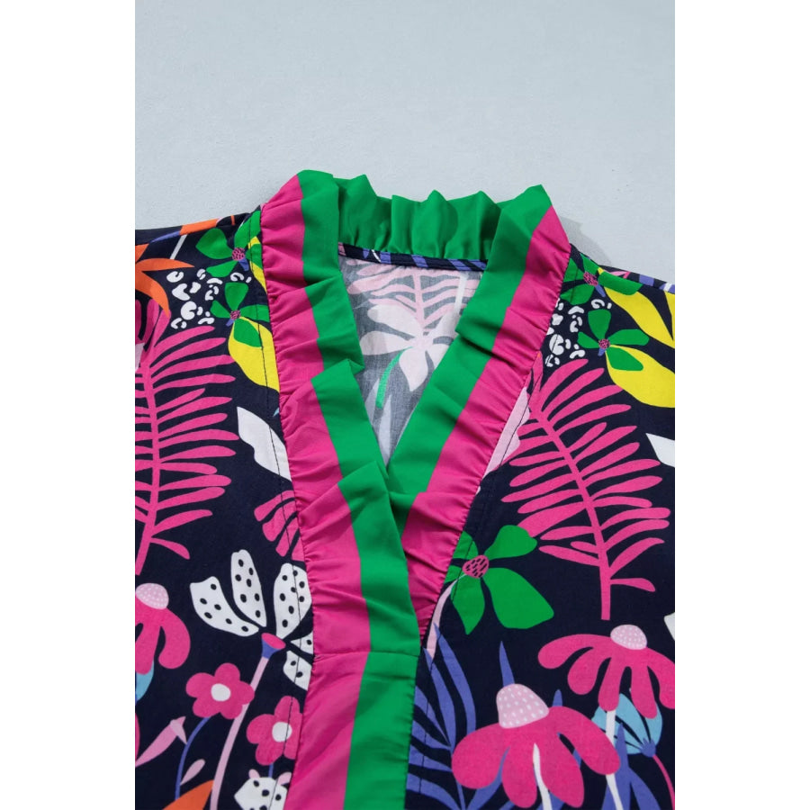 Floral Print Frilled Contrast Striped Trim V Neck Short Sleeve Blouse Apparel and Accessories