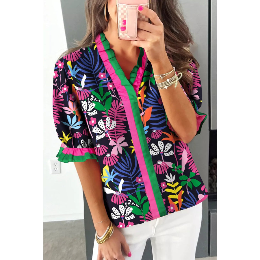 Floral Print Frilled Contrast Striped Trim V Neck Short Sleeve Blouse Floral / S Apparel and Accessories