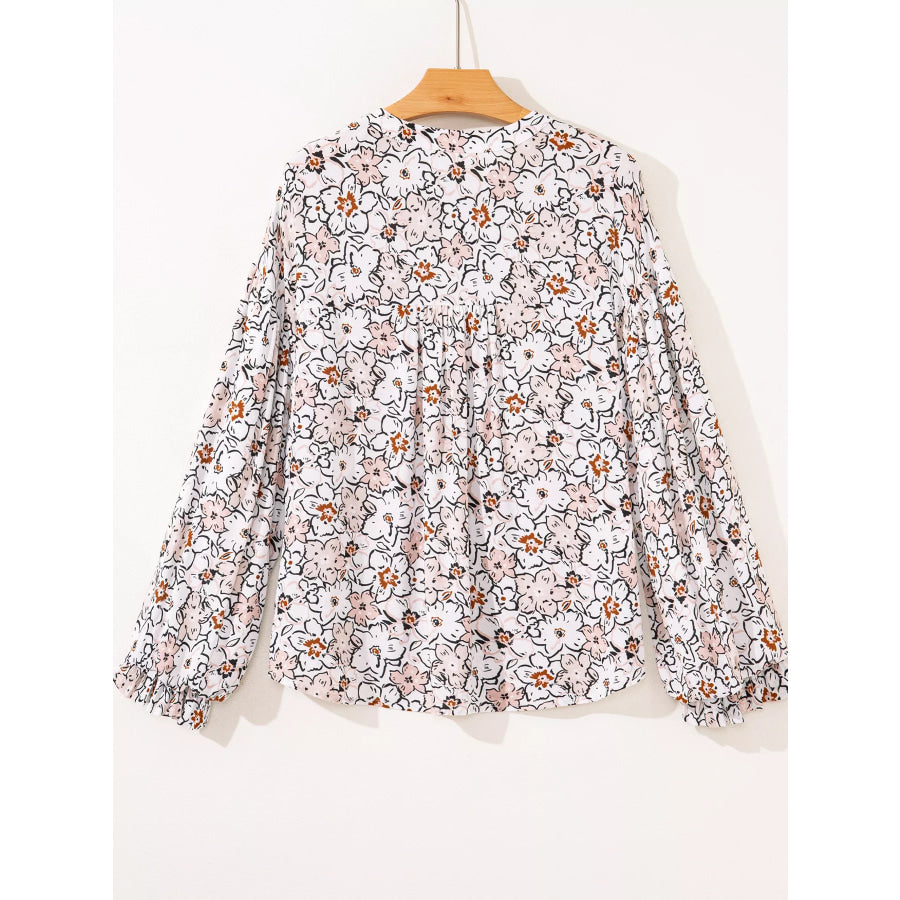 Floral Print Frilled Puff Sleeve Button Down Shirt Apparel and Accessories