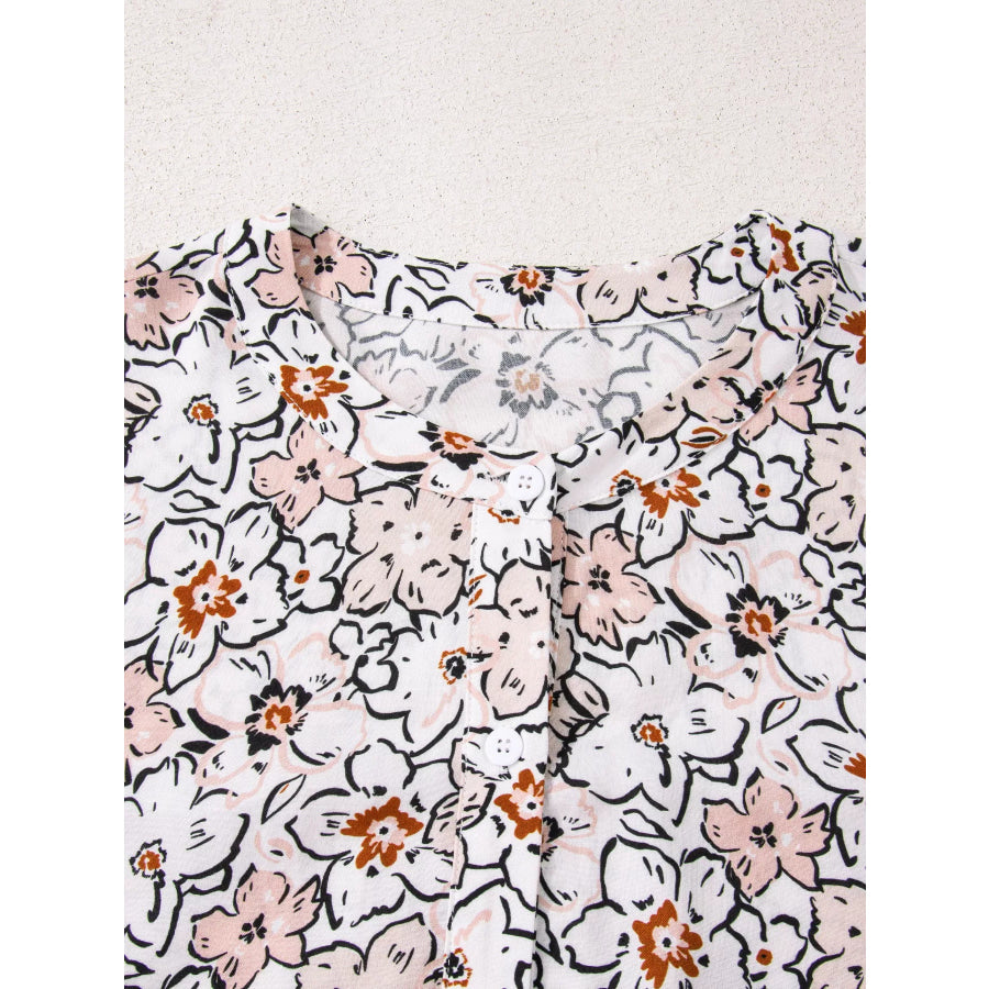 Floral Print Frilled Puff Sleeve Button Down Shirt Apparel and Accessories