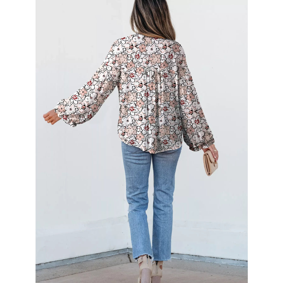 Floral Print Frilled Puff Sleeve Button Down Shirt Apparel and Accessories