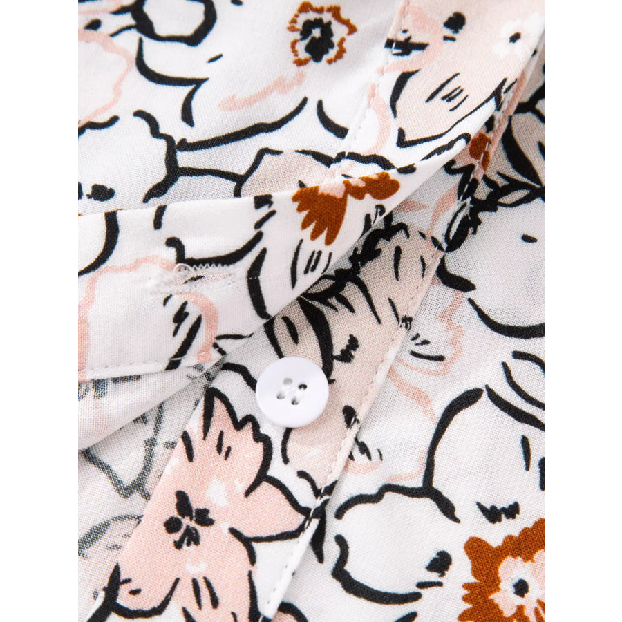 Floral Print Frilled Puff Sleeve Button Down Shirt Apparel and Accessories