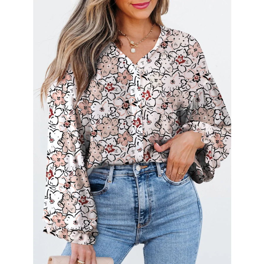 Floral Print Frilled Puff Sleeve Button Down Shirt Apparel and Accessories