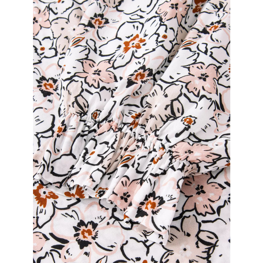 Floral Print Frilled Puff Sleeve Button Down Shirt Apparel and Accessories