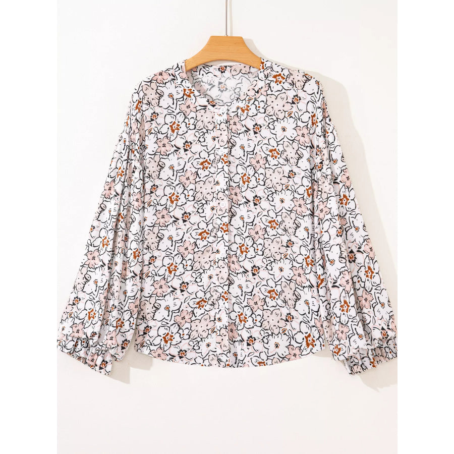 Floral Print Frilled Puff Sleeve Button Down Shirt Apparel and Accessories