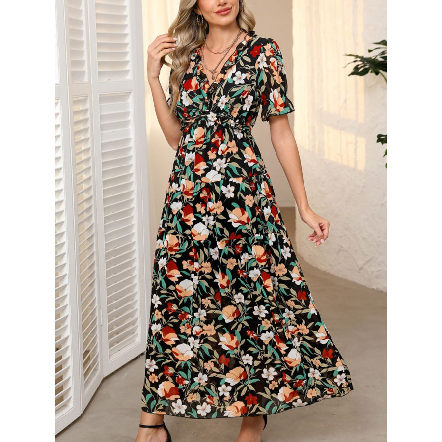 Floral Print Frilled V Neck Short Sleeve Maxi Dress Apparel and Accessories