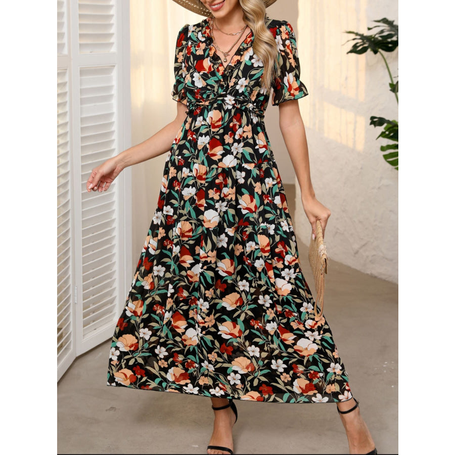 Floral Print Frilled V Neck Short Sleeve Maxi Dress Black / S Apparel and Accessories