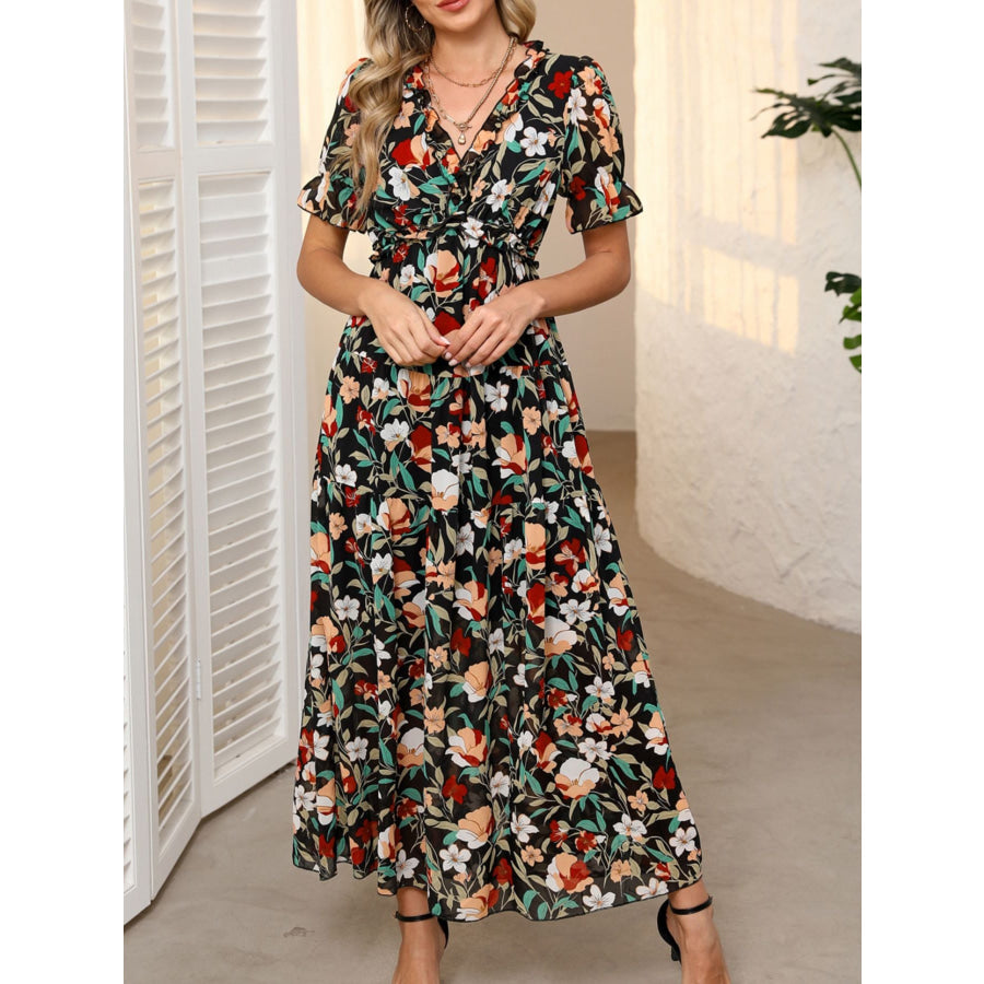 Floral Print Frilled V Neck Short Sleeve Maxi Dress Apparel and Accessories