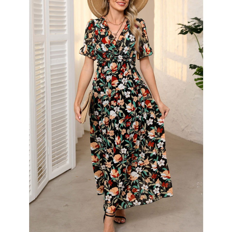 Floral Print Frilled V Neck Short Sleeve Maxi Dress Black / S Apparel and Accessories