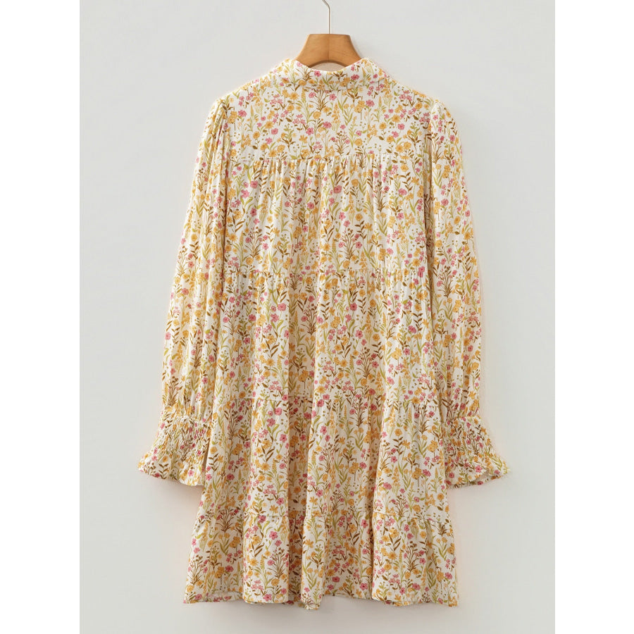 Floral Print Frilly Trim Smocked Cuff Long Sleeve Loose Shirt Dress Apparel and Accessories