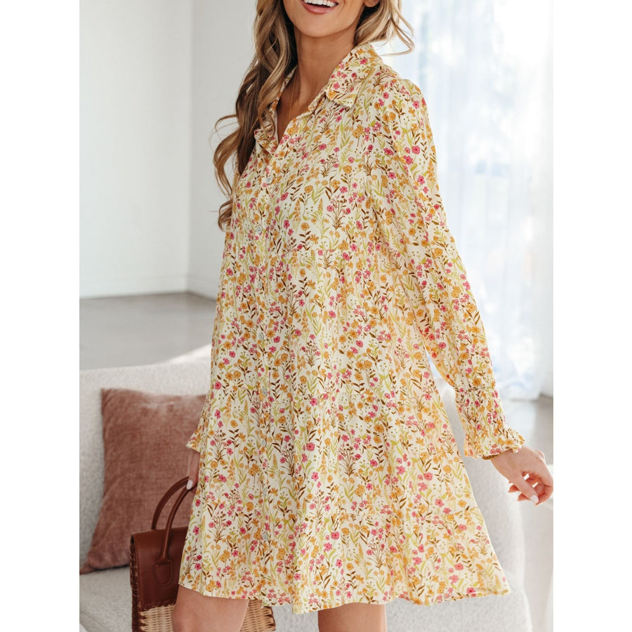 Floral Print Frilly Trim Smocked Cuff Long Sleeve Loose Shirt Dress Apparel and Accessories