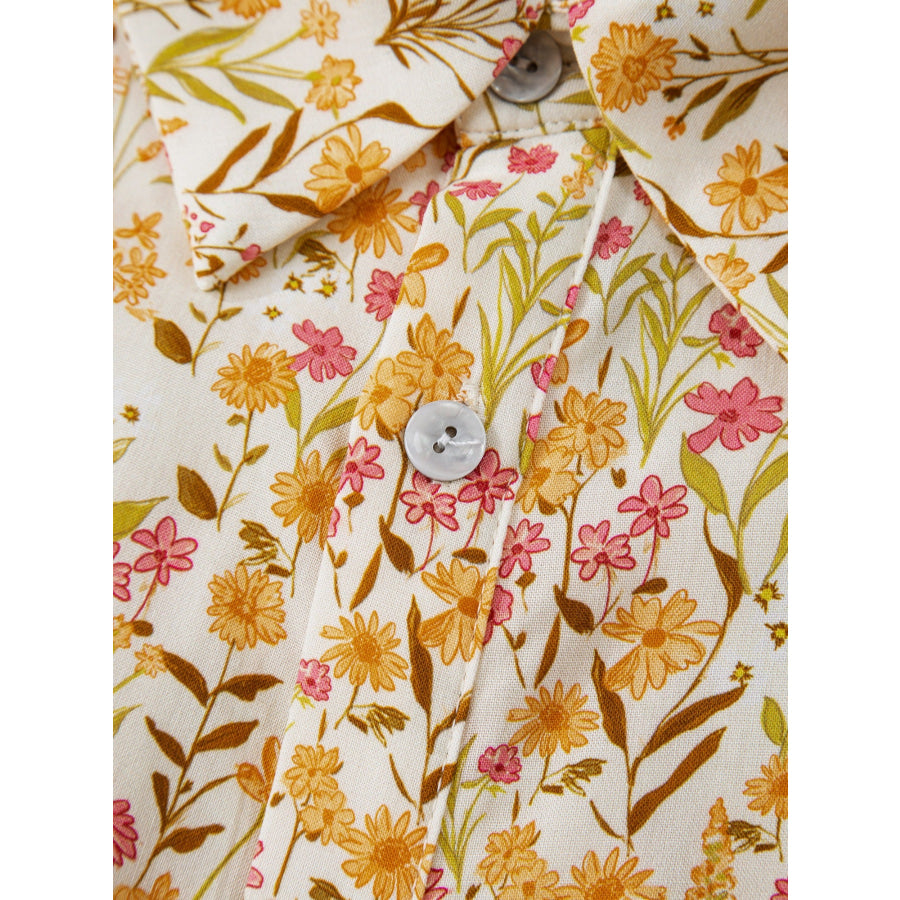 Floral Print Frilly Trim Smocked Cuff Long Sleeve Loose Shirt Dress Apparel and Accessories