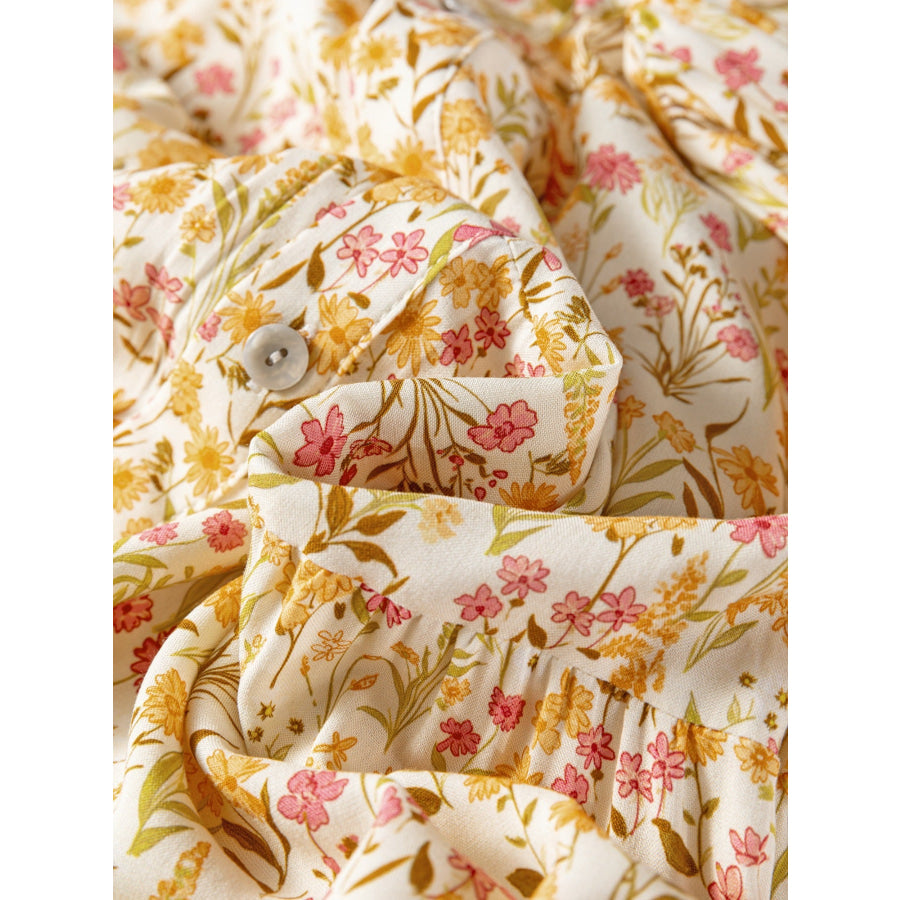 Floral Print Frilly Trim Smocked Cuff Long Sleeve Loose Shirt Dress Apparel and Accessories
