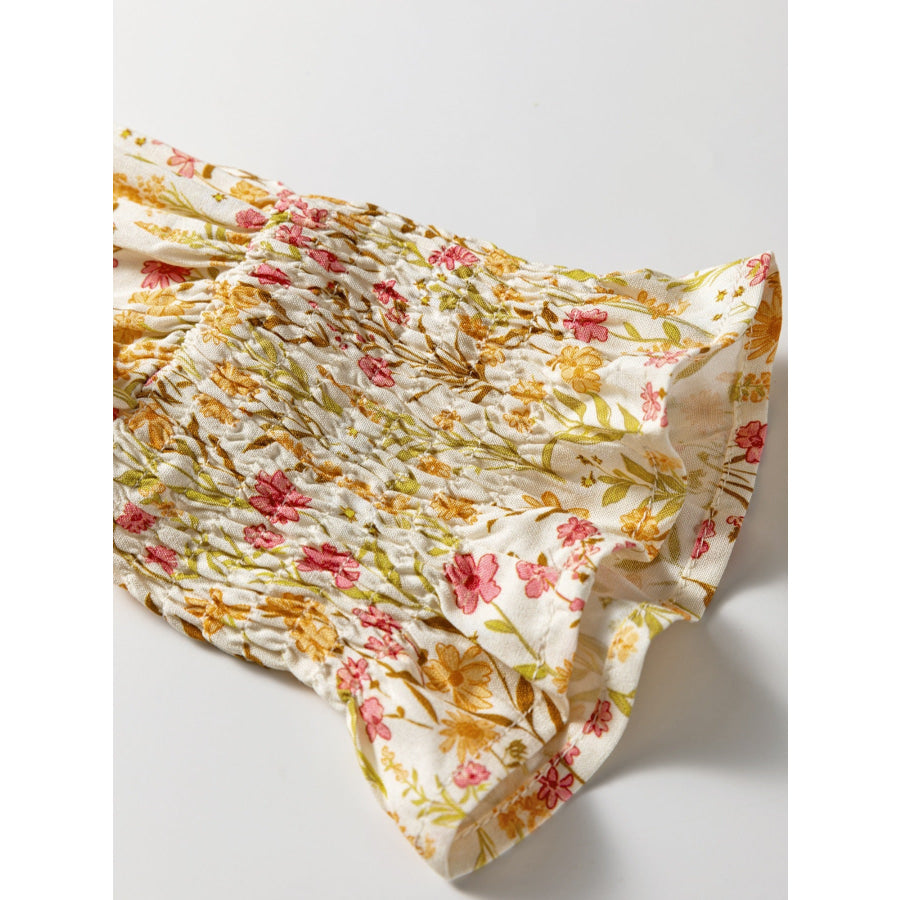 Floral Print Frilly Trim Smocked Cuff Long Sleeve Loose Shirt Dress Apparel and Accessories