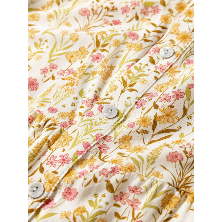 Floral Print Frilly Trim Smocked Cuff Long Sleeve Loose Shirt Dress Apparel and Accessories
