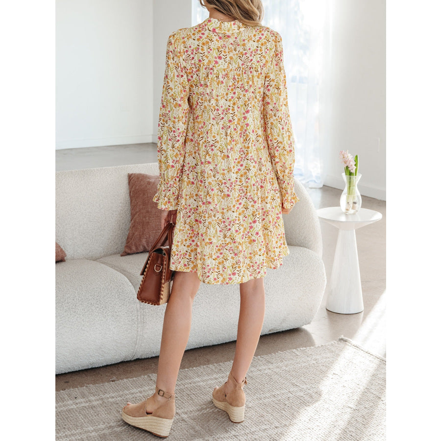 Floral Print Frilly Trim Smocked Cuff Long Sleeve Loose Shirt Dress Apparel and Accessories