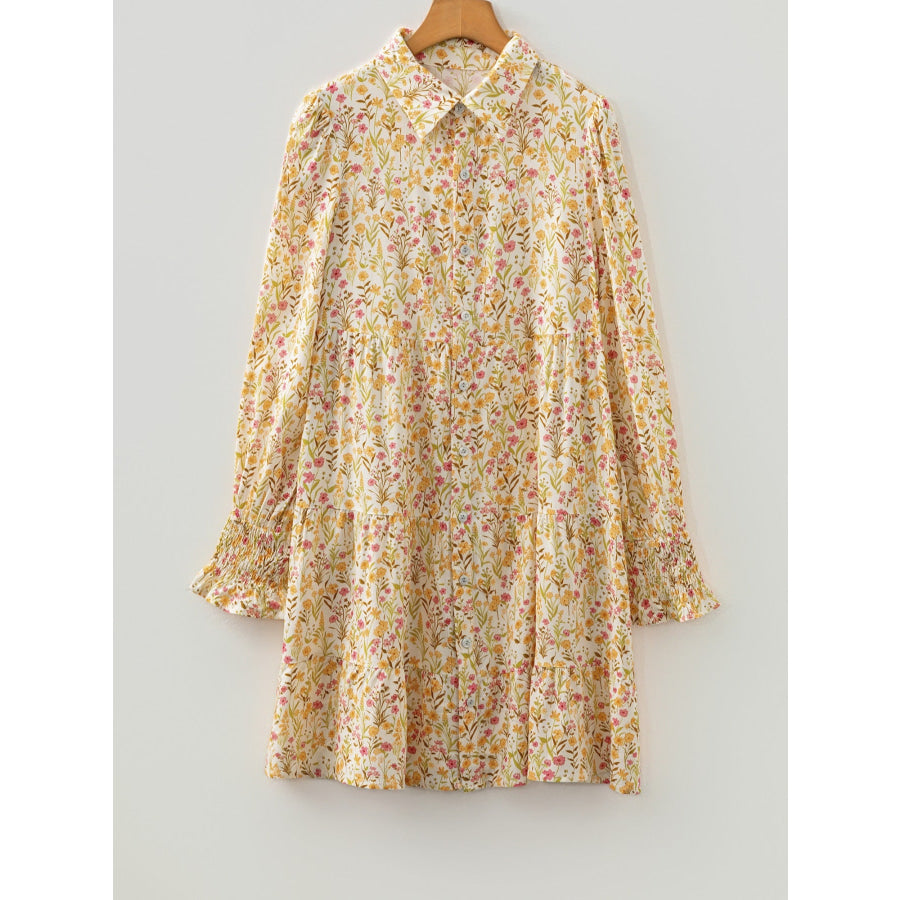Floral Print Frilly Trim Smocked Cuff Long Sleeve Loose Shirt Dress Apparel and Accessories