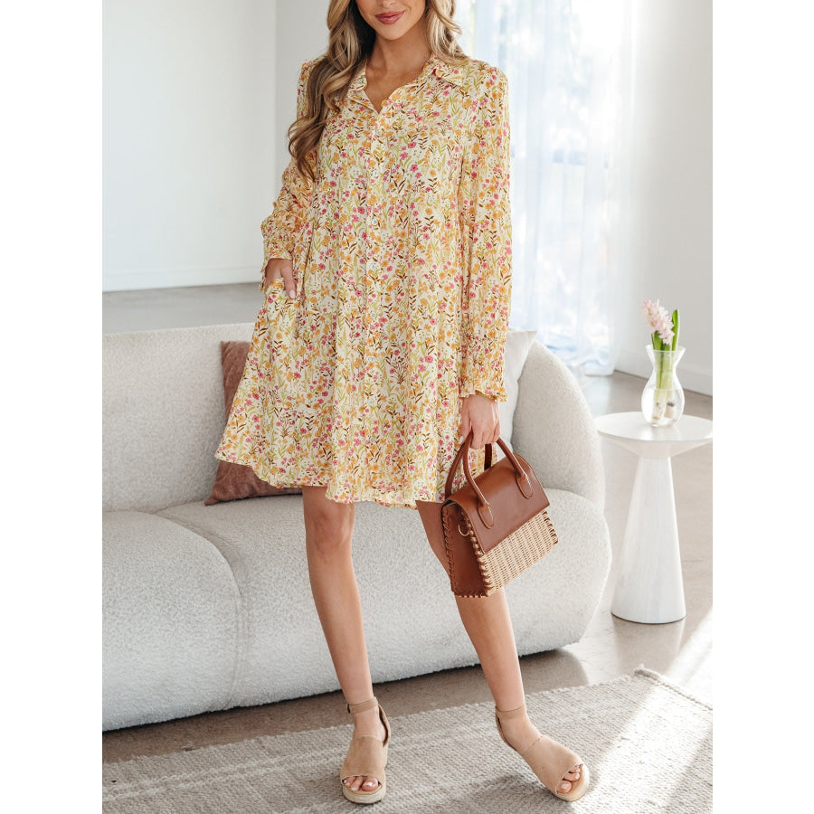 Floral Print Frilly Trim Smocked Cuff Long Sleeve Loose Shirt Dress Pastel Yellow / S Apparel and Accessories