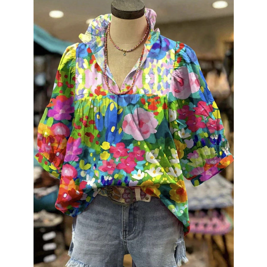 Floral Print Half Sleeve Blouse Royal Blue / S Apparel and Accessories