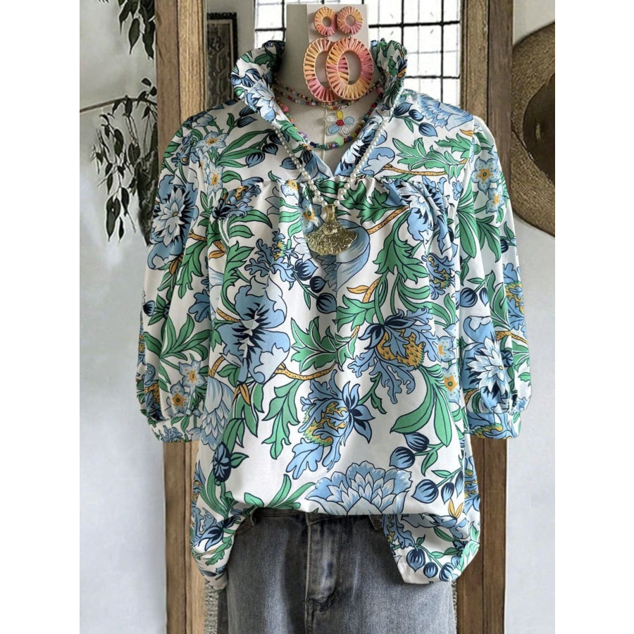 Floral Print Half Sleeve Blouse Teal / S Apparel and Accessories