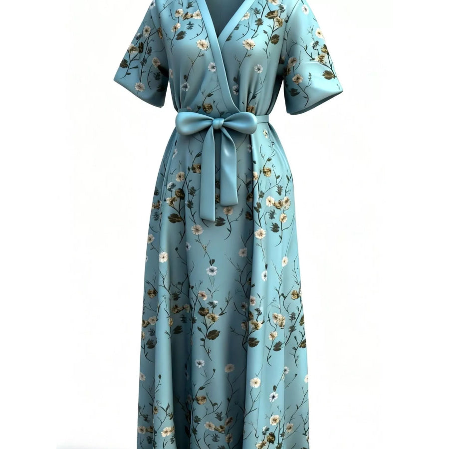 Floral Print Half Sleeve Maxi Dress with Pockets Apparel and Accessories