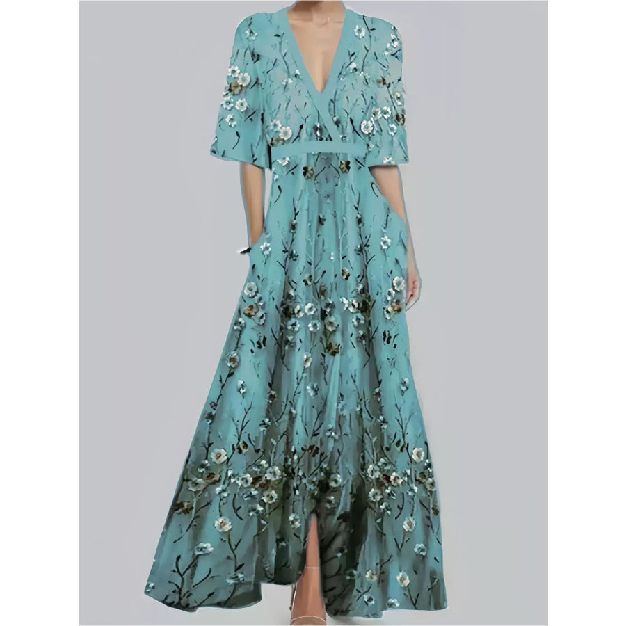 Floral Print Half Sleeve Maxi Dress with Pockets Apparel and Accessories